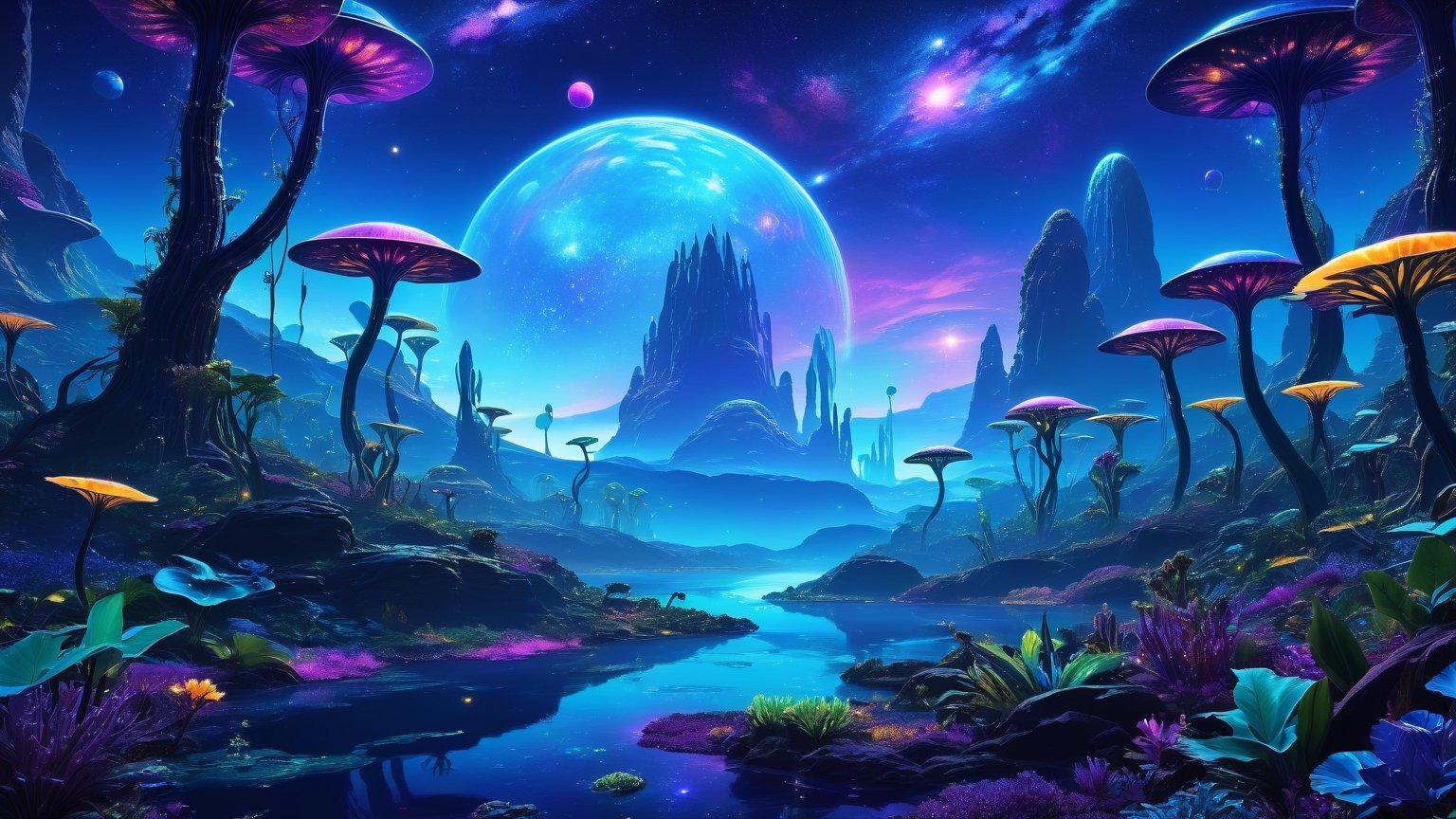 (best quality,8K,highres,masterpiece), ultra-detailed, (cosmic adventure), where an intrepid astronaut explores an alien world bathed in surreal, bioluminescent flora. The interplay of cosmic light and exotic plants creates a mesmerizing and otherworldly landscape.