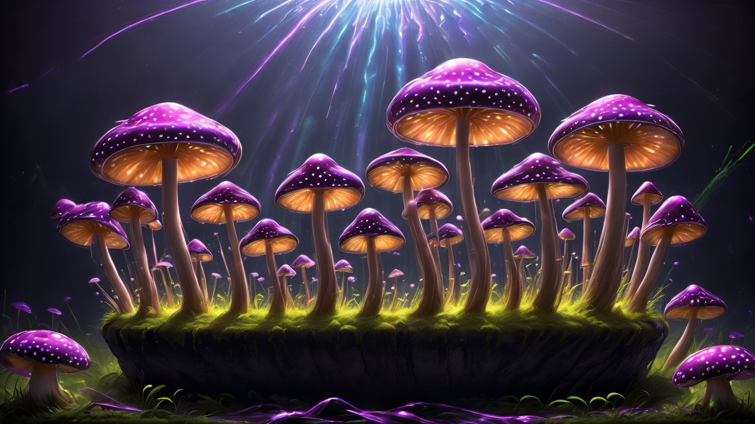 Higher ground, vivid mushrooms, fluorescent