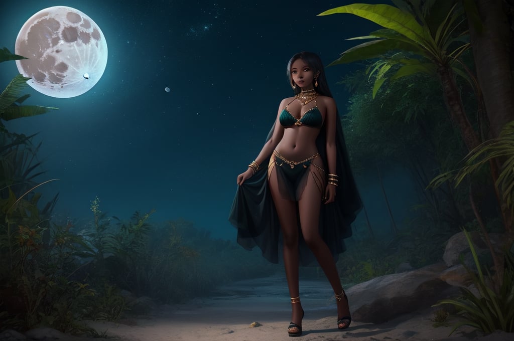 woman looking at the moon, 20 years, jungle, teenager, jewelery, aqua_eyes, dark_skin_female, light_particles, fullbody shot, big full moon