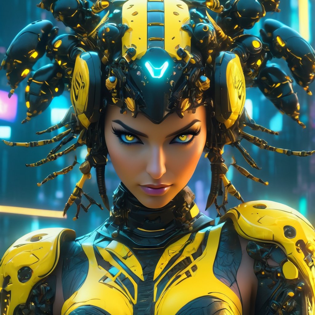 a woman dressed is a yellow and black dress with a helmet, in the style of cyberpunk realism, zbrush, argus c3, made of insects, industrial machinery aesthetics, shiny eyes, high definition