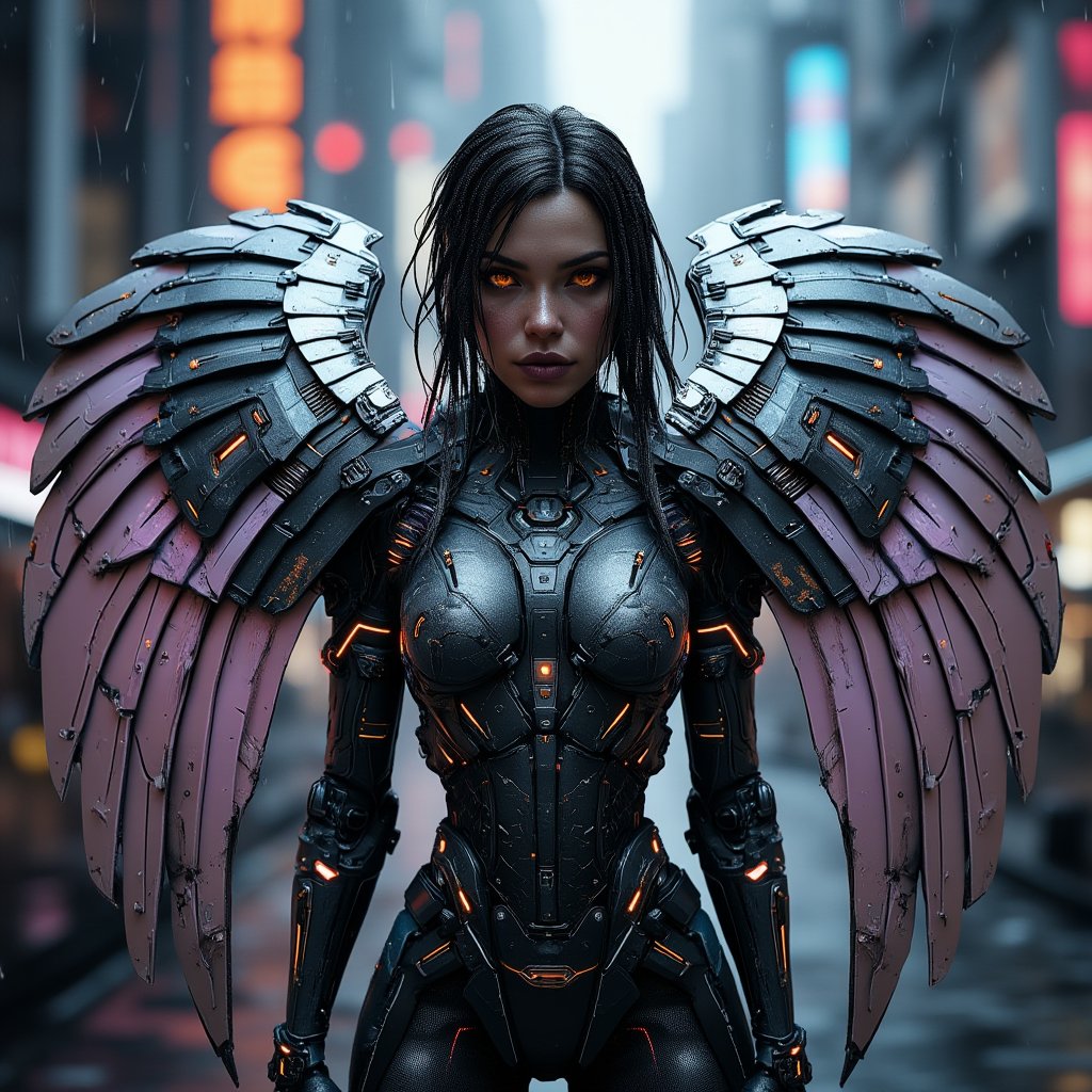 "A full-body shot of a powerful cyborg woman, adorned in a futuristic, high-tech winged suit, standing amidst a neon-lit cyberpunk cityscape. Her suit is a seamless blend of sleek metallic armor and advanced nanotechnology, with panels that shift and adapt to her movements. The wings are vast and articulated, combining mechanical structure with metallic, feather-like blades, each feather emitting a soft, pulsing glow of blue and purple hues. Fine circuitry and glowing conduits run through her armor, connecting intricate joints and servos that enhance her strength and agility.

The scene is captured with the precision of macro photography, highlighting the intricate engravings, microchips, and reflective surfaces on her armor. The suit displays wear and tear, with small scratches and battle scars adding a sense of realism. Her expression is focused, with glowing cybernetic eyes that pierce through the dimly lit, rainy urban environment.

The lighting is reminiscent of a professional studio setup, creating dramatic contrasts and reflections that accentuate the textures and materials of her suit. Rays of neon lights from the bustling city below cast dynamic highlights on her wings, giving them a luminous edge. The background, slightly blurred, features towering skyscrapers adorned with holographic advertisements and rain-soaked streets, creating a sense of depth without detracting from the detailed foreground. This image is infused with the essence of CGSociety's art style, with the realism and complexity of an Unreal Engine 5 render."