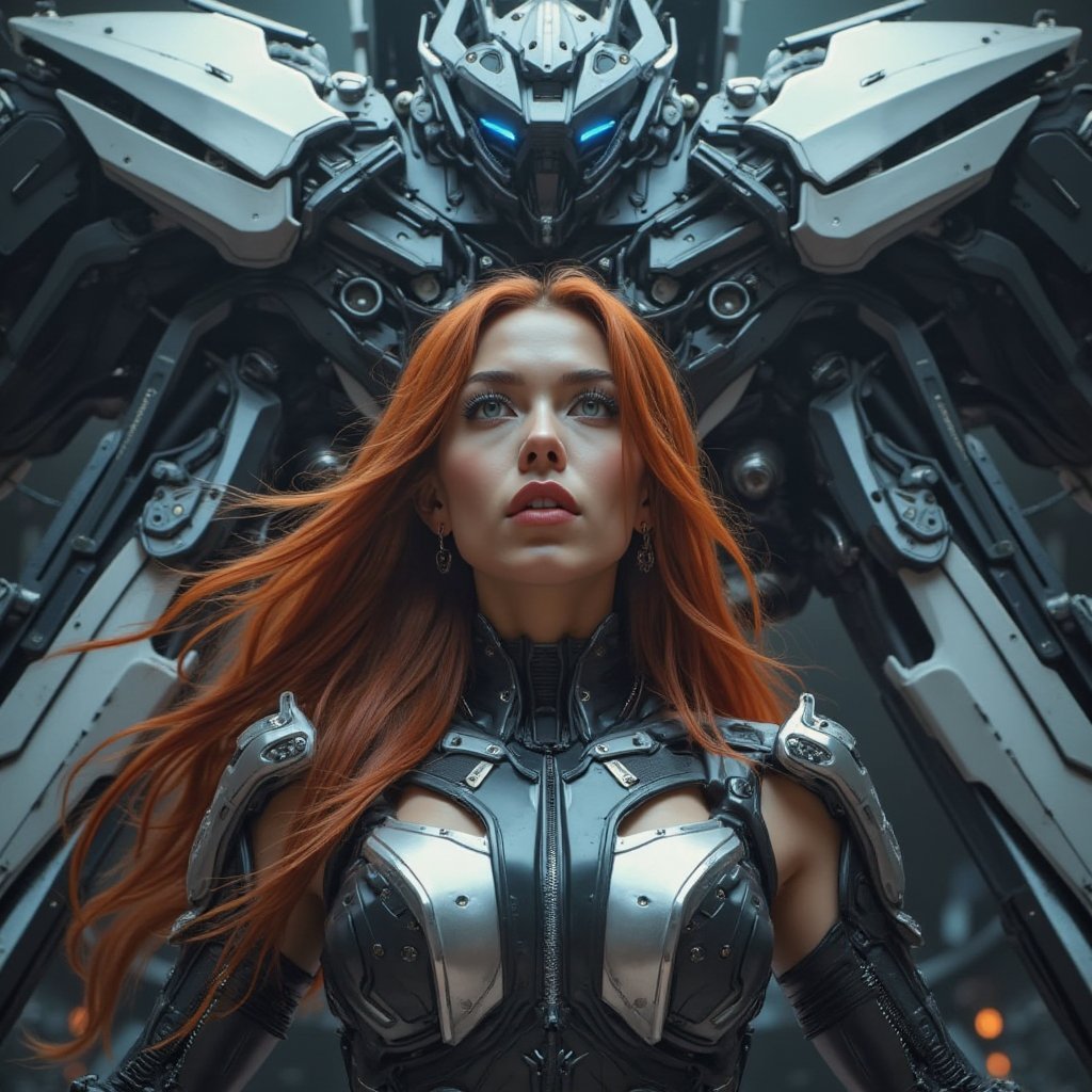 Ultra-realistic award-winning cinematic color photograph of an alluring,  strikingly beautiful woman clad in a futuristic...