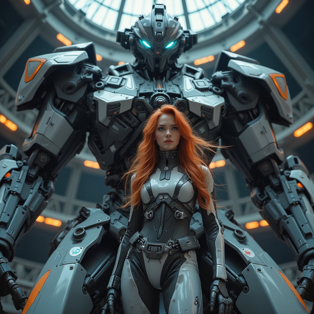 Ultra-realistic award-winning cinematic color photograph of an alluring,  strikingly beautiful woman clad in a futuristic...