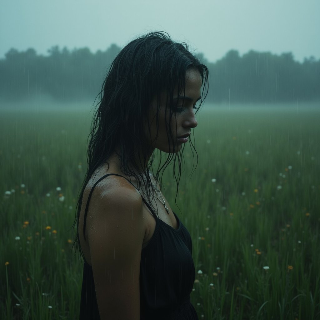 A dramatic and intimate photo-realistic portrait of a woman standing alone in a vast,  misty field. Lush green grass and w...