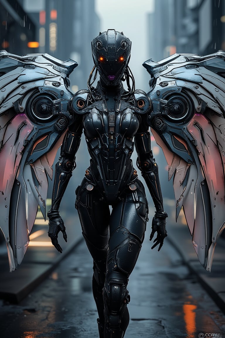 "A full-body shot of a powerful cyborg woman, adorned in a futuristic, high-tech winged suit, standing amidst a neon-lit cyberpunk cityscape. Her suit is a seamless blend of sleek metallic armor and advanced nanotechnology, with panels that shift and adapt to her movements. The wings are vast and articulated, combining mechanical structure with metallic, feather-like blades, each feather emitting a soft, pulsing glow of blue and purple hues. Fine circuitry and glowing conduits run through her armor, connecting intricate joints and servos that enhance her strength and agility.

The scene is captured with the precision of macro photography, highlighting the intricate engravings, microchips, and reflective surfaces on her armor. The suit displays wear and tear, with small scratches and battle scars adding a sense of realism. Her expression is focused, with glowing cybernetic eyes that pierce through the dimly lit, rainy urban environment.

The lighting is reminiscent of a professional studio setup, creating dramatic contrasts and reflections that accentuate the textures and materials of her suit. Rays of neon lights from the bustling city below cast dynamic highlights on her wings, giving them a luminous edge. The background, slightly blurred, features towering skyscrapers adorned with holographic advertisements and rain-soaked streets, creating a sense of depth without detracting from the detailed foreground. This image is infused with the essence of CGSociety's art style, with the realism and complexity of an Unreal Engine 5 render."