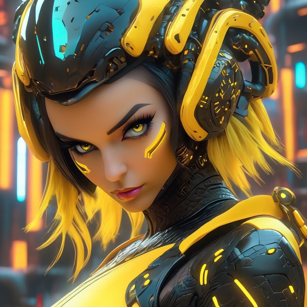 a woman dressed is a yellow and black dress with a helmet, in the style of cyberpunk realism, zbrush, argus c3, made of insects, industrial machinery aesthetics, shiny eyes, high definition