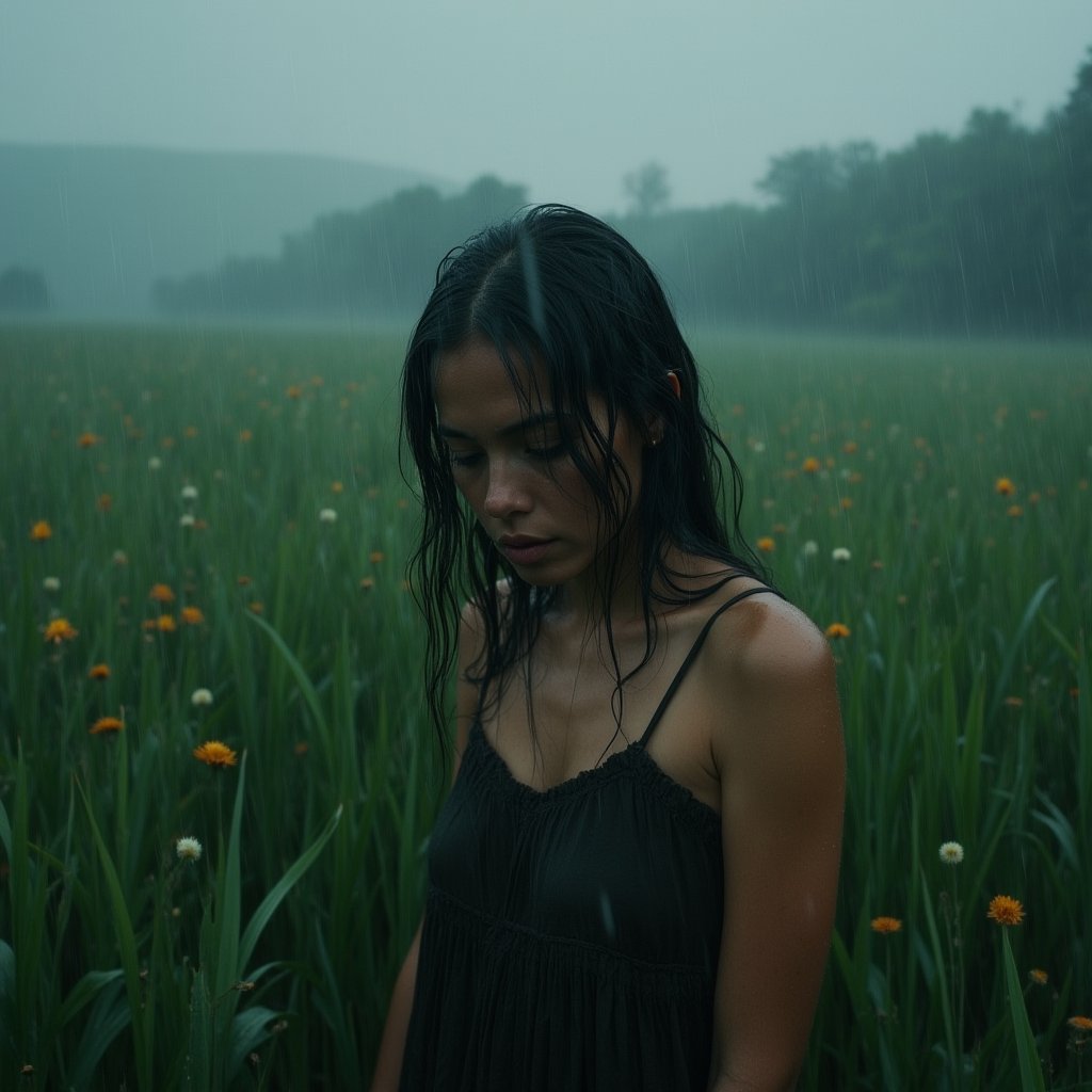 A dramatic and intimate photo-realistic portrait of a woman standing alone in a vast,  misty field. Lush green grass and w...