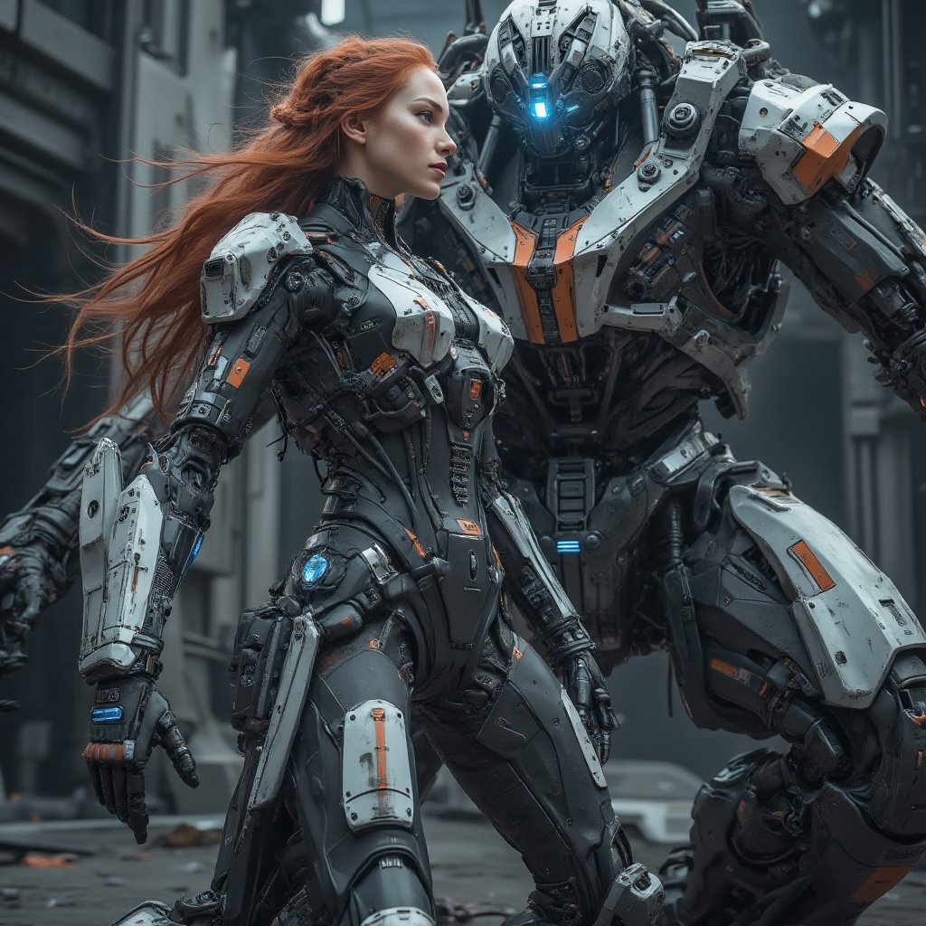 Ultra-realistic award-winning cinematic color photograph of an alluring,  strikingly beautiful woman clad in a futuristic...