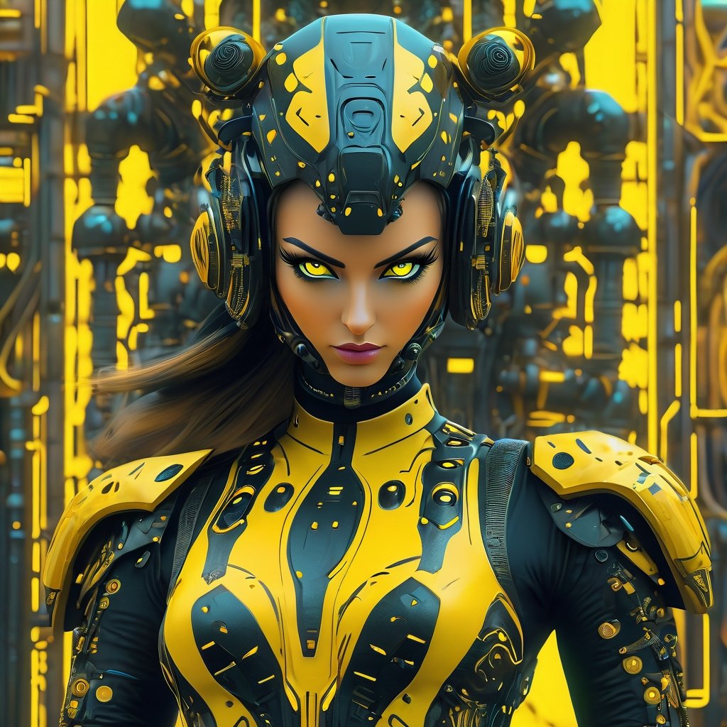 a woman dressed is a yellow and black dress with a helmet, in the style of cyberpunk realism, zbrush, argus c3, made of insects, industrial machinery aesthetics, shiny eyes, high definition,photo r3al