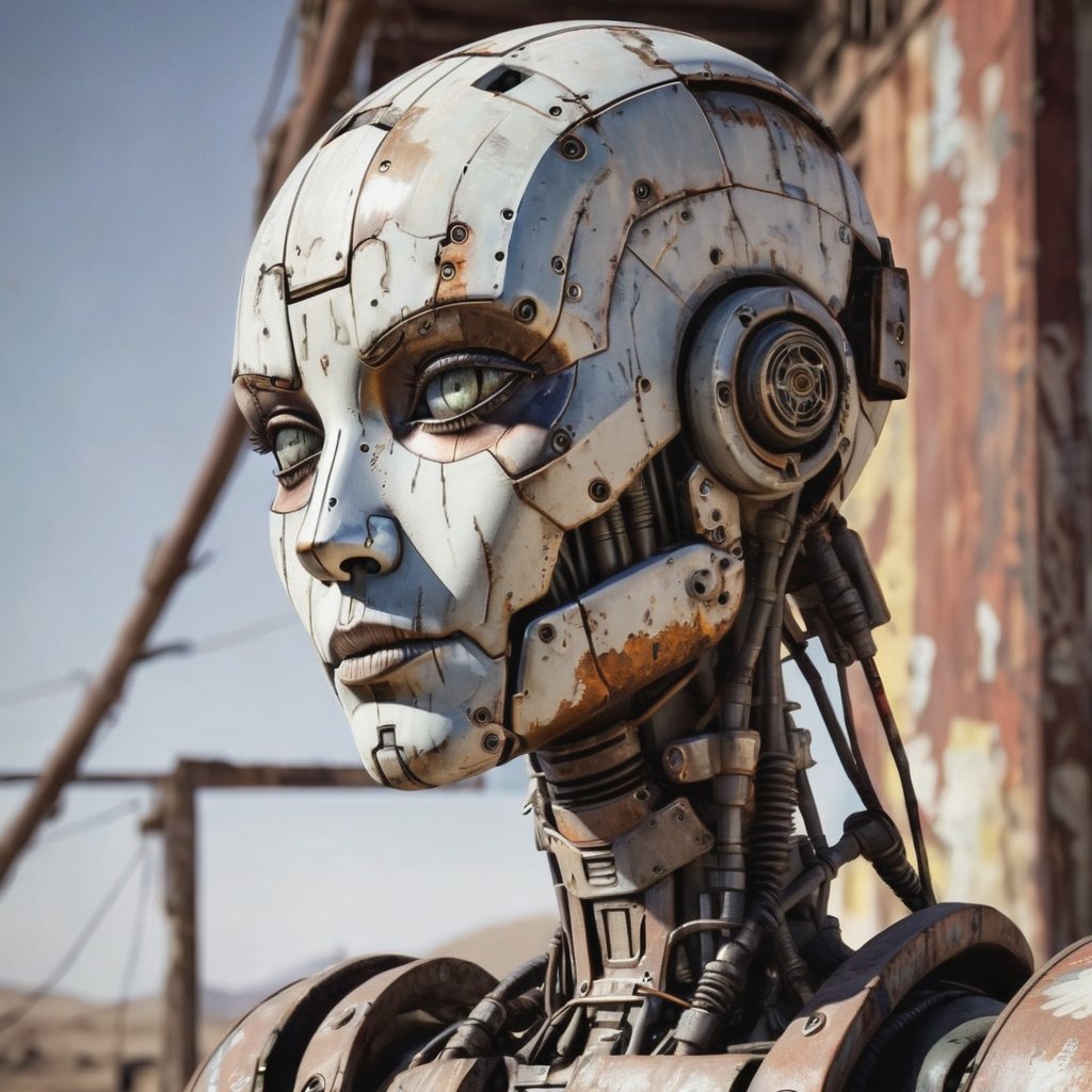 portrait of a female-like robot, bald, weathered, slighty rusted, battered and patched, Borderlands art style, cell-shaded, post-apocalyptic, outdoors