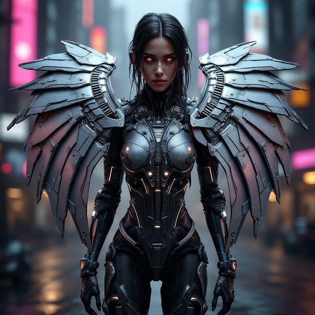 "A full-body shot of a powerful cyborg woman, adorned in a futuristic, high-tech winged suit, standing amidst a neon-lit cyberpunk cityscape. Her suit is a seamless blend of sleek metallic armor and advanced nanotechnology, with panels that shift and adapt to her movements. The wings are vast and articulated, combining mechanical structure with metallic, feather-like blades, each feather emitting a soft, pulsing glow of blue and purple hues. Fine circuitry and glowing conduits run through her armor, connecting intricate joints and servos that enhance her strength and agility.

The scene is captured with the precision of macro photography, highlighting the intricate engravings, microchips, and reflective surfaces on her armor. The suit displays wear and tear, with small scratches and battle scars adding a sense of realism. Her expression is focused, with glowing cybernetic eyes that pierce through the dimly lit, rainy urban environment.

The lighting is reminiscent of a professional studio setup, creating dramatic contrasts and reflections that accentuate the textures and materials of her suit. Rays of neon lights from the bustling city below cast dynamic highlights on her wings, giving them a luminous edge. The background, slightly blurred, features towering skyscrapers adorned with holographic advertisements and rain-soaked streets, creating a sense of depth without detracting from the detailed foreground. This image is infused with the essence of CGSociety's art style, with the realism and complexity of an Unreal Engine 5 render."