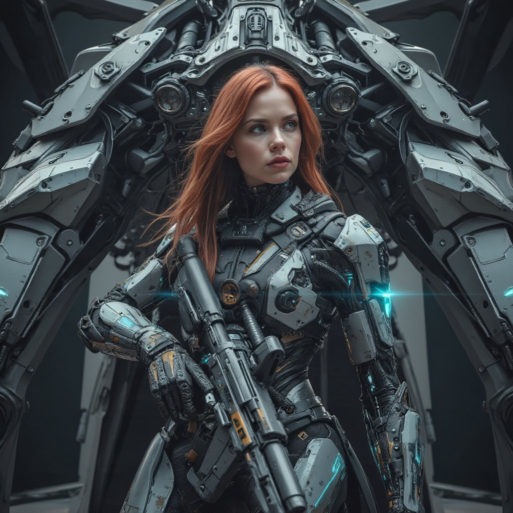 Ultra-realistic award-winning cinematic color photograph of an alluring,  strikingly beautiful woman clad in a futuristic...