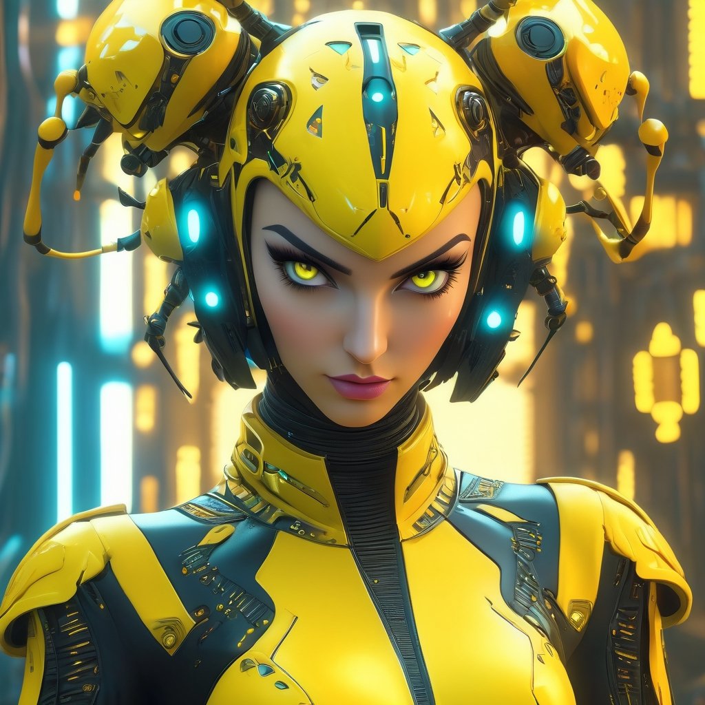 a woman dressed is a yellow and black dress with a helmet, in the style of cyberpunk realism, zbrush, argus c3, made of insects, industrial machinery aesthetics, shiny eyes, high definition,photo r3al