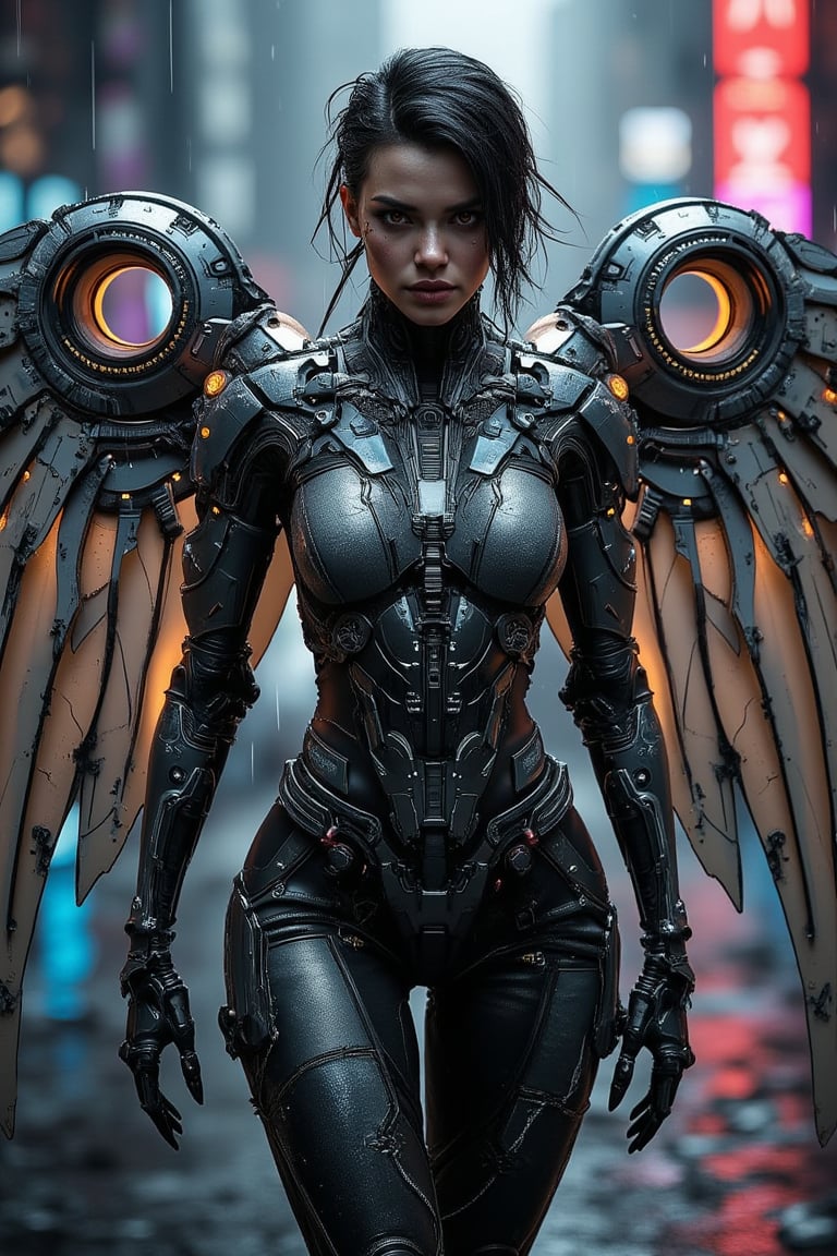 "A full-body shot of a powerful cyborg woman, adorned in a futuristic, high-tech winged suit, standing amidst a neon-lit cyberpunk cityscape. Her suit is a seamless blend of sleek metallic armor and advanced nanotechnology, with panels that shift and adapt to her movements. The wings are vast and articulated, combining mechanical structure with metallic, feather-like blades, each feather emitting a soft, pulsing glow of blue and purple hues. Fine circuitry and glowing conduits run through her armor, connecting intricate joints and servos that enhance her strength and agility.

The scene is captured with the precision of macro photography, highlighting the intricate engravings, microchips, and reflective surfaces on her armor. The suit displays wear and tear, with small scratches and battle scars adding a sense of realism. Her expression is focused, with glowing cybernetic eyes that pierce through the dimly lit, rainy urban environment.

The lighting is reminiscent of a professional studio setup, creating dramatic contrasts and reflections that accentuate the textures and materials of her suit. Rays of neon lights from the bustling city below cast dynamic highlights on her wings, giving them a luminous edge. The background, slightly blurred, features towering skyscrapers adorned with holographic advertisements and rain-soaked streets, creating a sense of depth without detracting from the detailed foreground. This image is infused with the essence of CGSociety's art style, with the realism and complexity of an Unreal Engine 5 render."