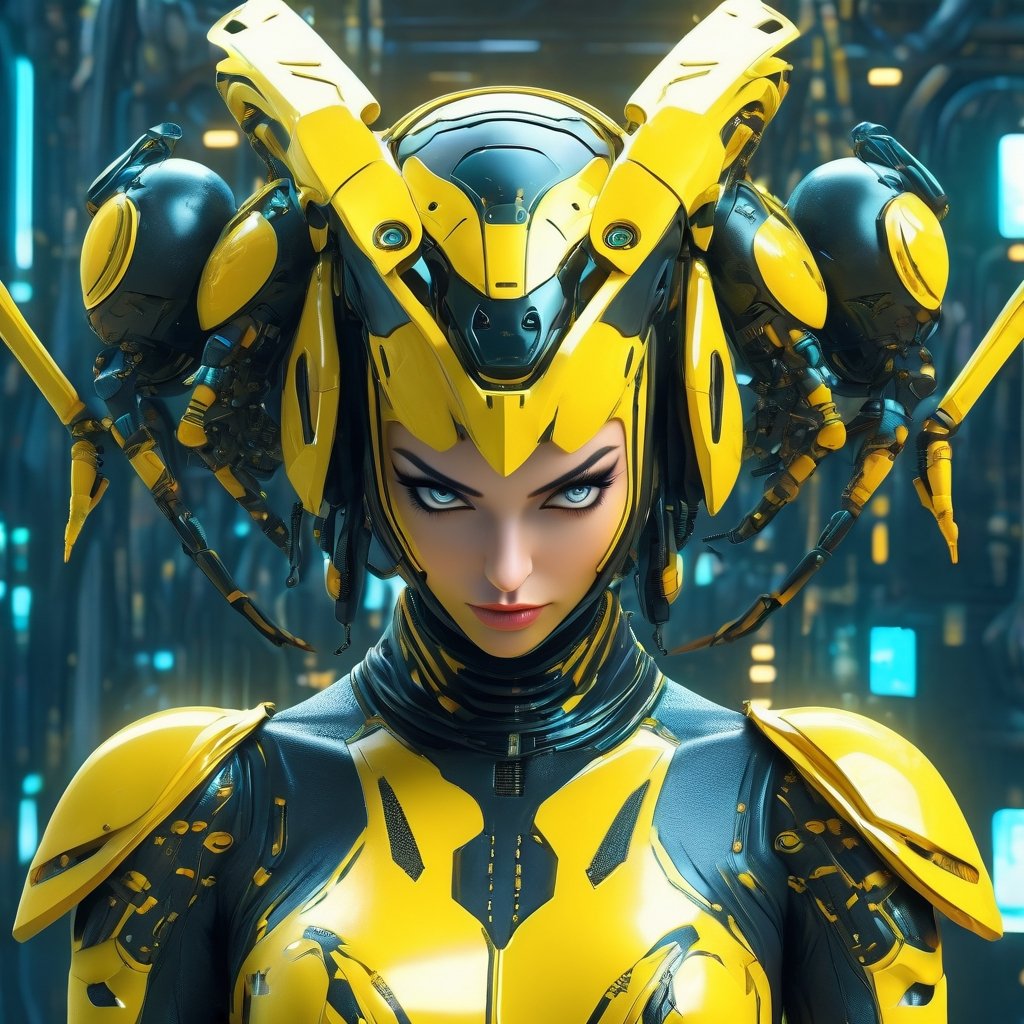 a woman dressed is a yellow and black dress with a helmet, in the style of cyberpunk realism, zbrush, argus c3, made of insects, industrial machinery aesthetics, shiny eyes, high definition,photo r3al