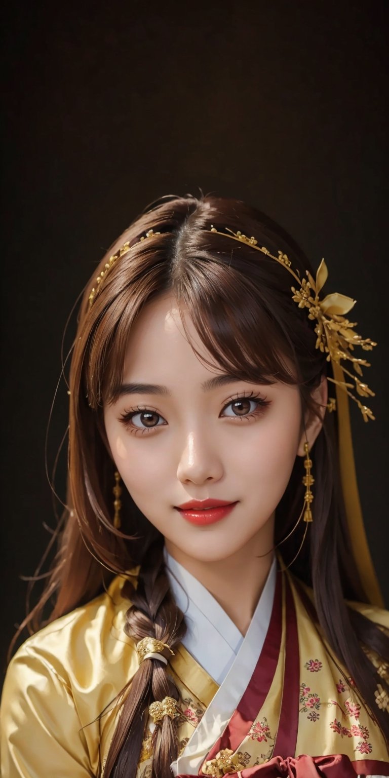 (Masterpiece, best quality, 8k RAW photo, photorealistic:1.37), 1girl, korean, light smile, long hair, brown hair, medium breast, dynamic lighting, black background, intricate detailed, finely detailed, cowboy_shot, wearing Hanbok, Korean traditional cloth,