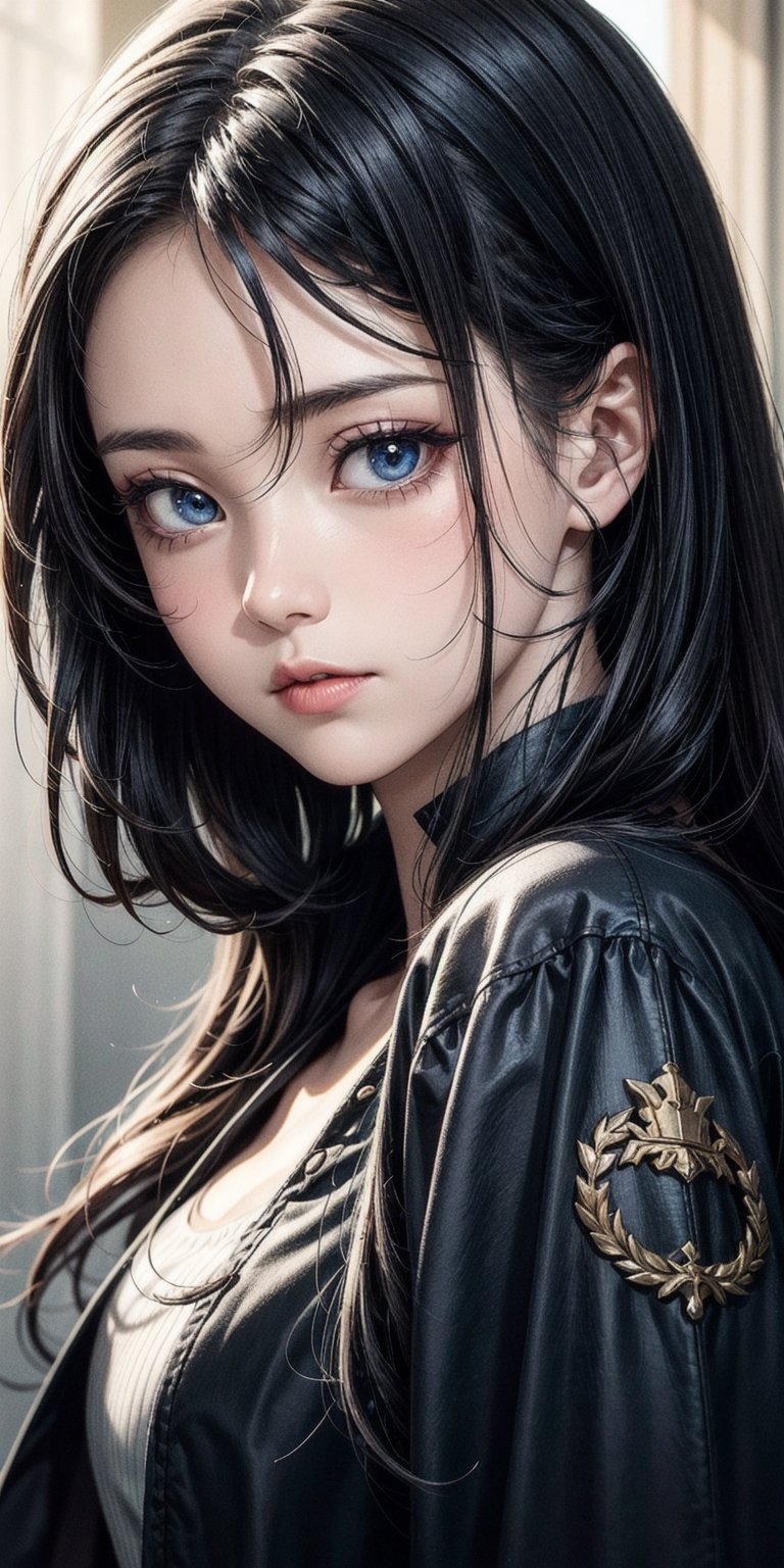 1girl, portrait, teens, close up, cute face, detailed eyes, make up, smooth long black hair, blue eyes, war cloth,
more_details:0.1,