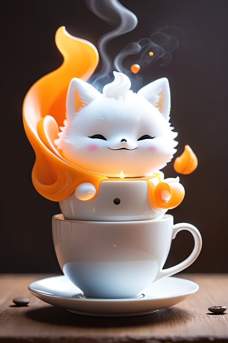 a cup of coffee, Steam shaped as a Ghost, a digital rendering, by Goro Fujita, Shutterstock, orange fog, beans, super cute, stock photo,NYFlowerGirl,Xxmix_Catecat,sticker,Spirit Fox Pendant