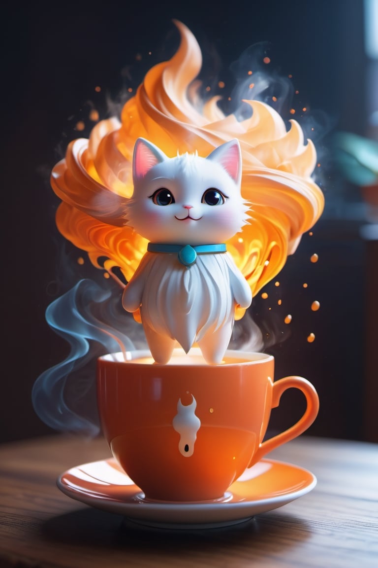 a cup of coffee, Steam shaped as a Ghost, a digital rendering, by Goro Fujita, Shutterstock, orange fog, beans, super cute, stock photo,NYFlowerGirl,Xxmix_Catecat,sticker,Spirit Fox Pendant,Colourful cat ,F41Arm0rXL 