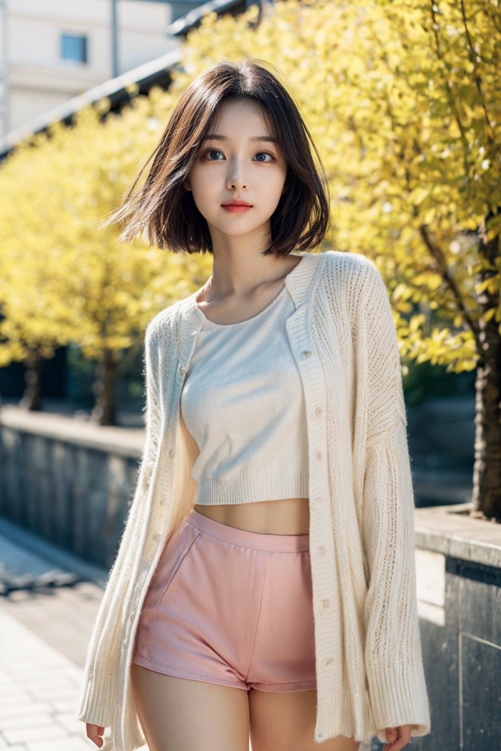 Clear and expressive eyes, lively beautiful female college student, attractive short hair, innocent girl, body facing front, bright spring outfit, full of sunshine, ((A gaze that is not looking at the camera)), 