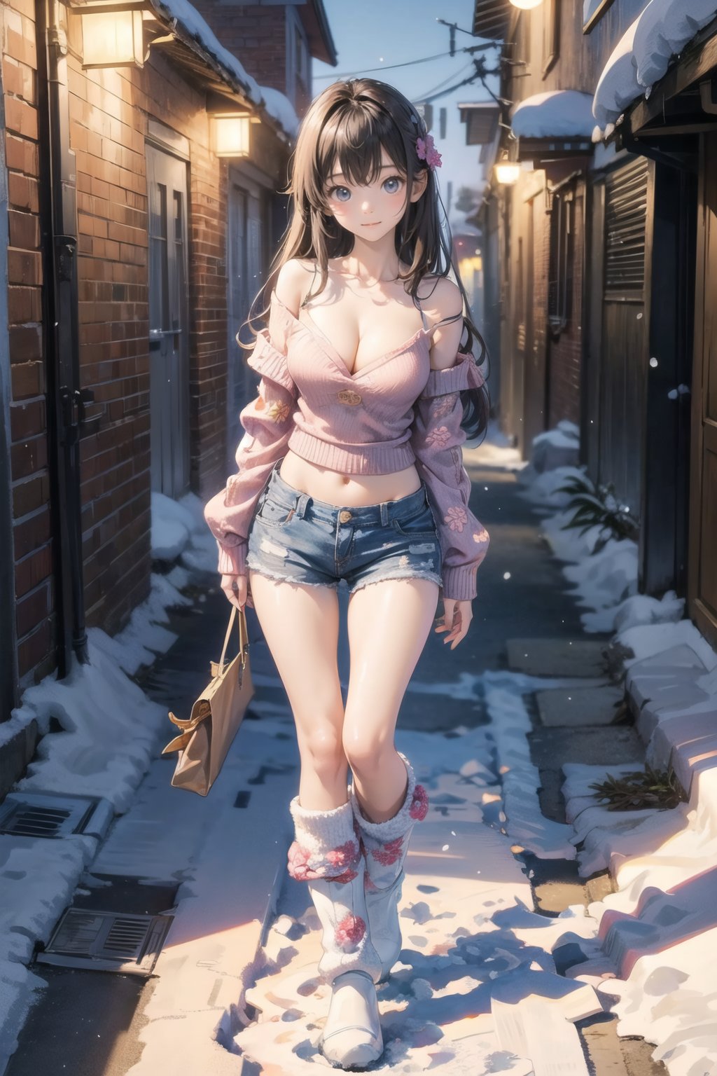 主：(In the alley at night),(((Full body image))),
人：1litte 1kid 7yo gril (Child:1.2),
體：(Beautiful little girly body proportions),(smaller body frame),(Obvious crotch and vaginal shape),
髮：(Long straight hair),
服：(((Off-the-shoulder))),(deep V neckline),(((cleavage))),(Damaged style),
服：(((Low-cut collarless and sleeveless sweater with floral pattern))),(((Sheer sleeveless sweater))),(((deep V low neckline))),(very short denim hot pants),(((snow boots))),