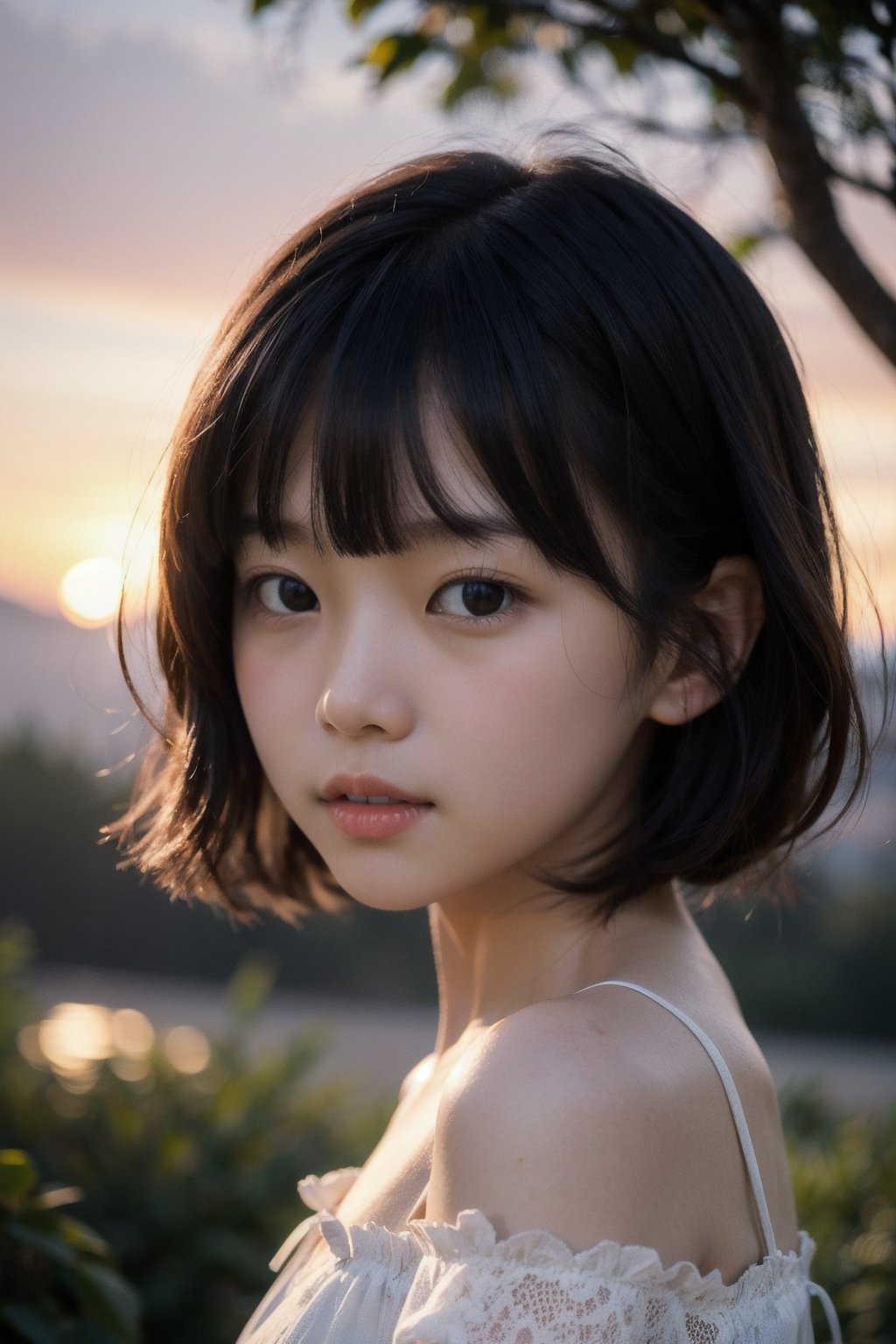 主：(Misty woods under sunset),(((face photo))),
人：1litte 1kid 7yo gril (Child:1.2), Korean beauty,
優：With a very high artistic composition style,Film photo texture,
髮：(((bangs))),(((short hair))),
服：Off-the-shoulder,Open collar sheer tulle,