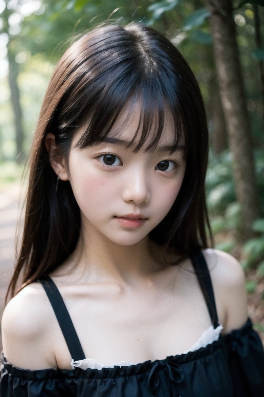 主：(Deep in the woods),(((face photo))),
人：1litte 1kid 7yo gril (Child:1.2), Korean beauty,
優：With a very high artistic composition style,Film photo texture,
體：(beautiful head-to-body proportions),
髮：(long hair),(((bangs))), 
服：Off-the-shoulder,Open collar sheer tulle,