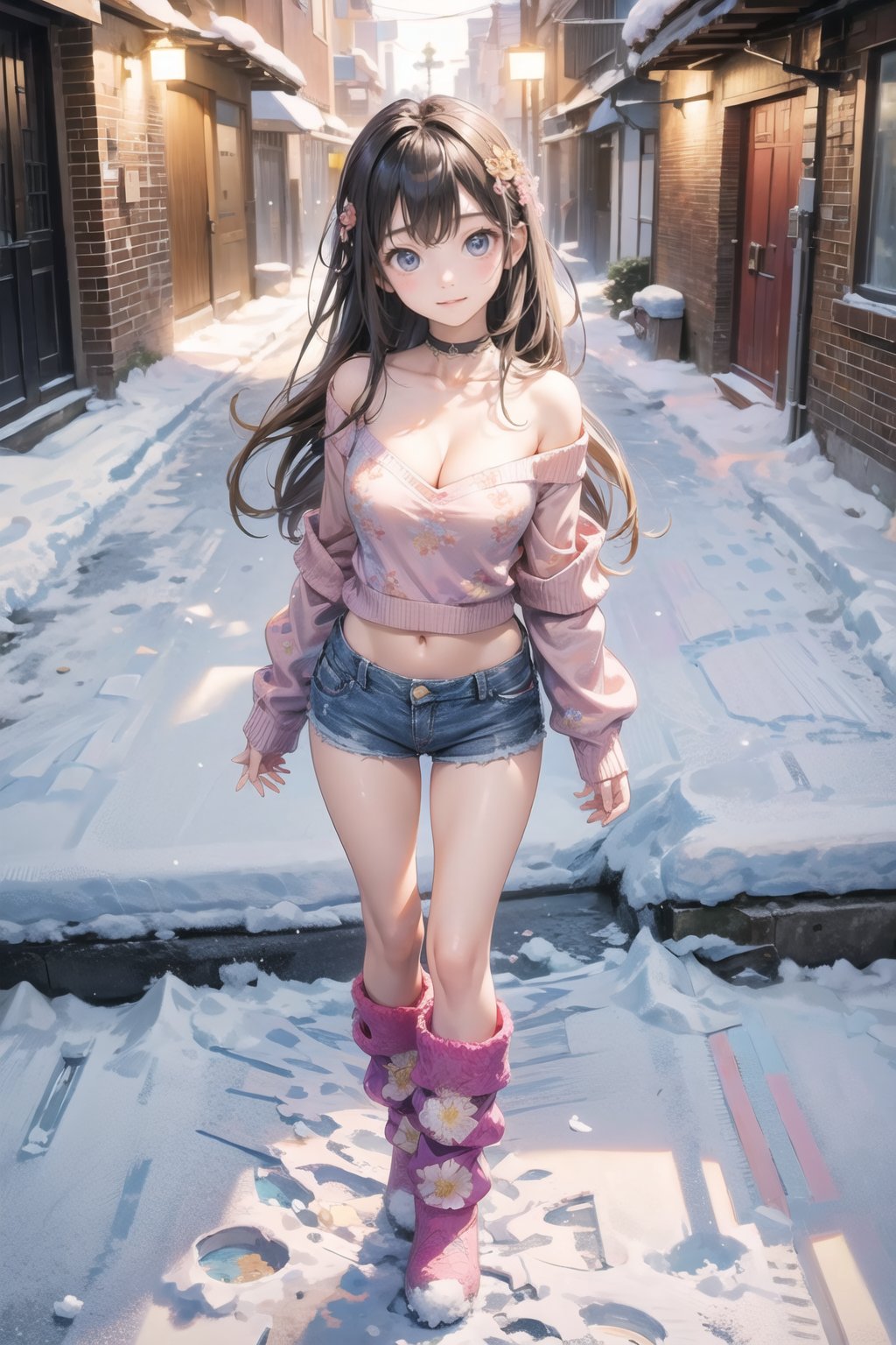 主：(In the alley at night),(((Full body image))),
人：1litte 1kid 7yo gril (Child:1.2),
體：(Beautiful little girly body proportions),(smaller body frame),(Obvious crotch and vaginal shape),
髮：(Long straight hair),
服：(((Off-the-shoulder))),(deep V neckline),(((cleavage))),(Damaged style),
服：(((Low-cut collarless and sleeveless sweater with floral pattern))),(((Sheer sleeveless sweater))),(((deep V low neckline))),(very short denim hot pants),(((snow boots))),