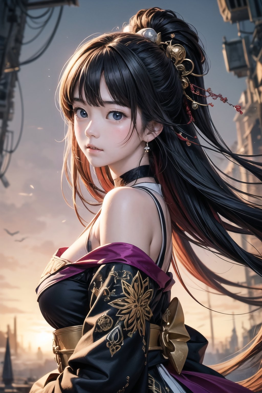 主：(foggy woods), 
人：Very beautiful Japanese and Korean girl,Strong classical beauty temperament,
優：With a very high artistic composition style,
髮：(long hair),  (bangs), 
特：(((Colorful and magical doomsday city))),
(masterpiece, highest quality, extreme detailed, best quality, official art, beautiful and aesthetic:1.2), (1girl), extreme detailed,(fractal art:1.3),colorful,highest detailed,High detailed,With a very high artistic composition style,
服：Off-the-shoulder,