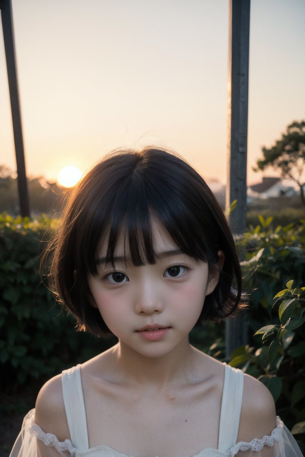 主：(Misty woods under sunset),(((face photo))),
人：1litte 1kid 7yo gril (Child:1.2), Korean beauty,
優：With a very high artistic composition style,Film photo texture,
髮：(((bangs))),(((short hair))),
服：Off-the-shoulder,Open collar sheer tulle,