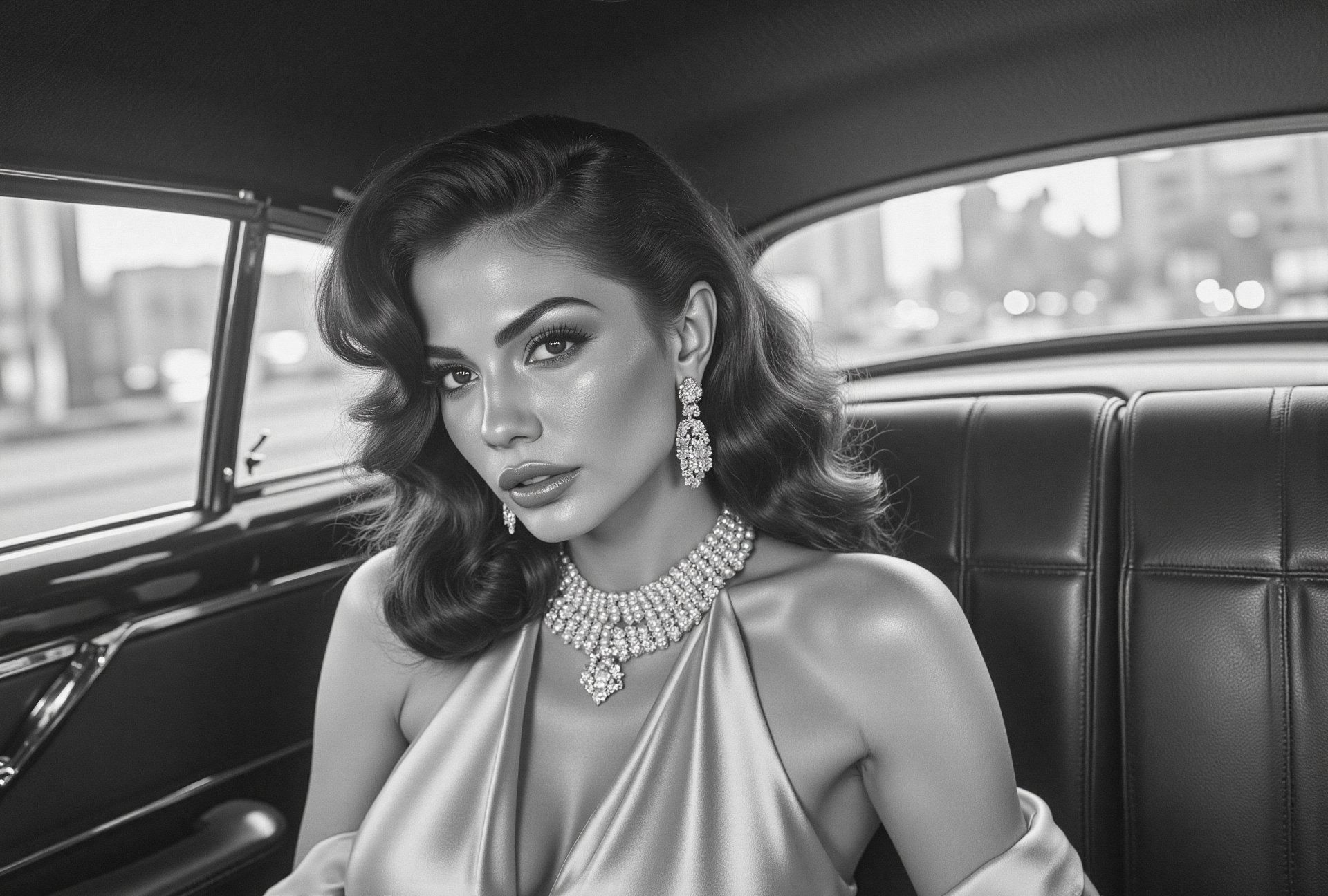 A cinematic black-and-white photograph of a glamorous woman sitting in the backseat of a vintage car. Her hair is styled i...