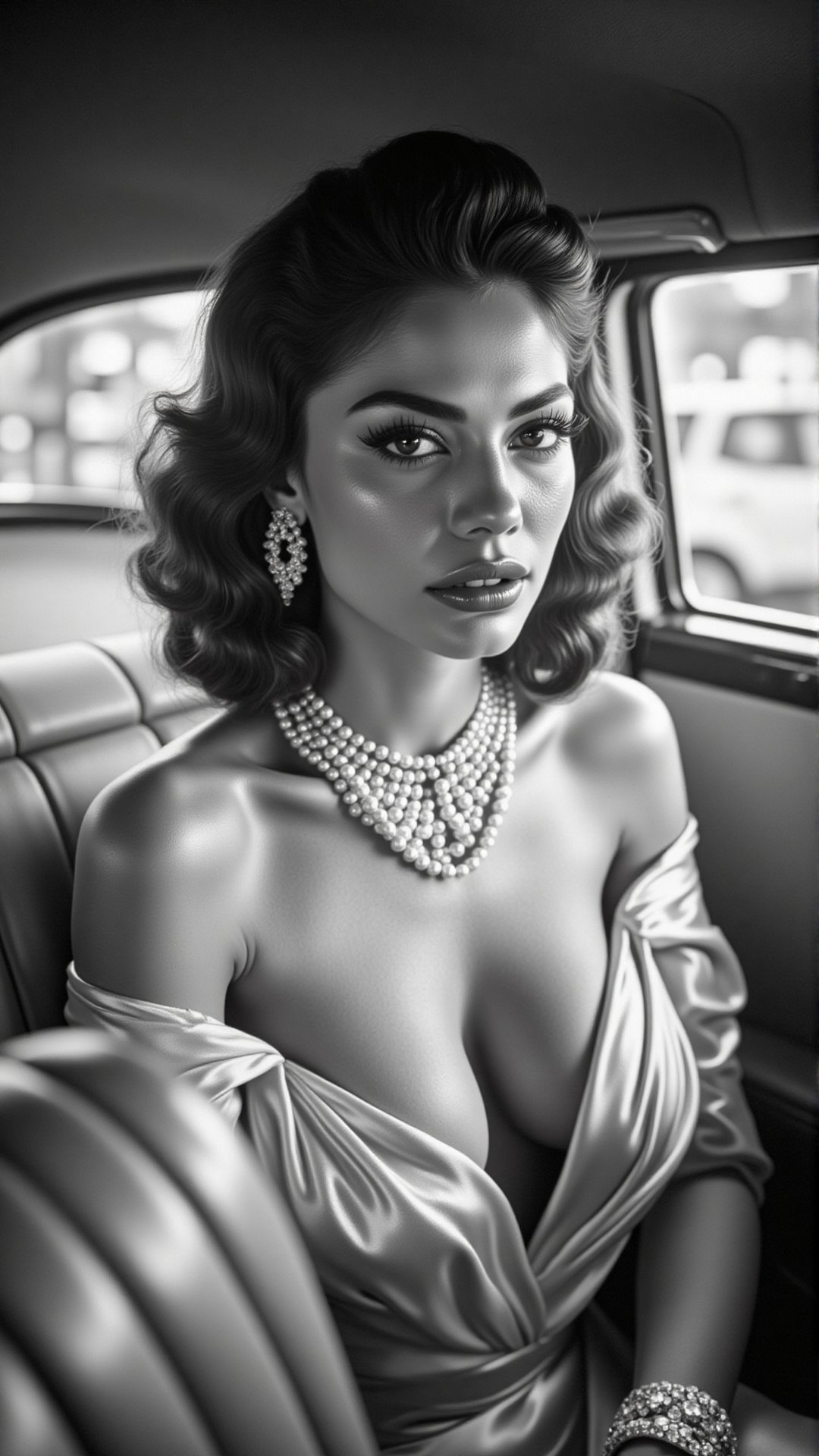 A cinematic black-and-white photograph of a glamorous woman sitting in the backseat of a vintage car. Her hair is styled i...