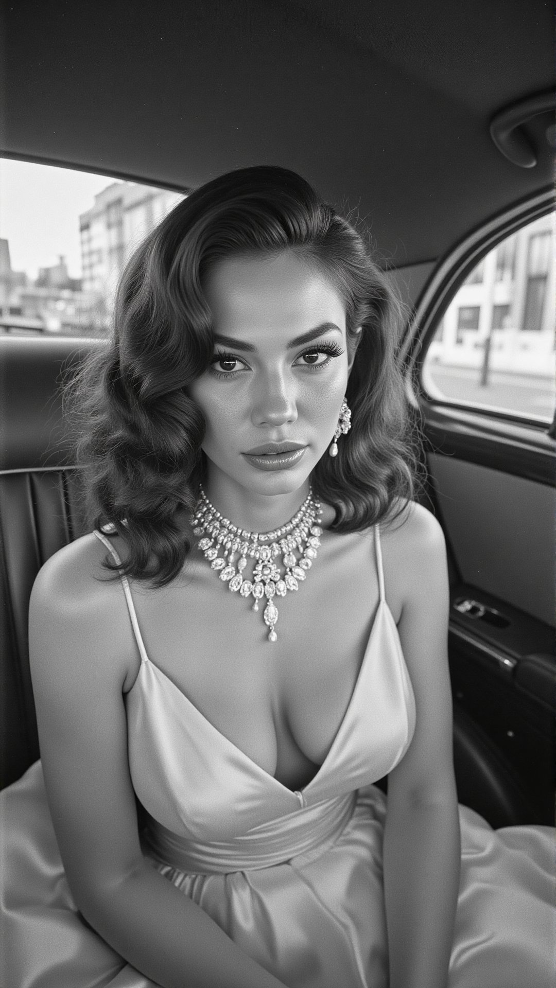 A cinematic black-and-white photograph of a glamorous woman sitting in the backseat of a vintage car. Her hair is styled i...