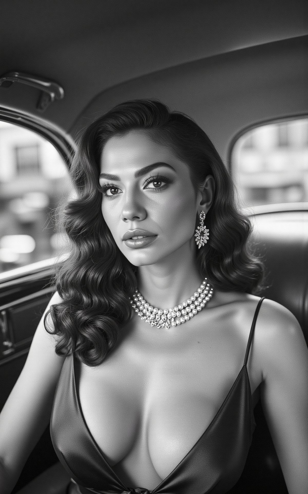 A cinematic black-and-white photograph of a glamorous woman sitting in the backseat of a vintage car. Her hair is styled i...
