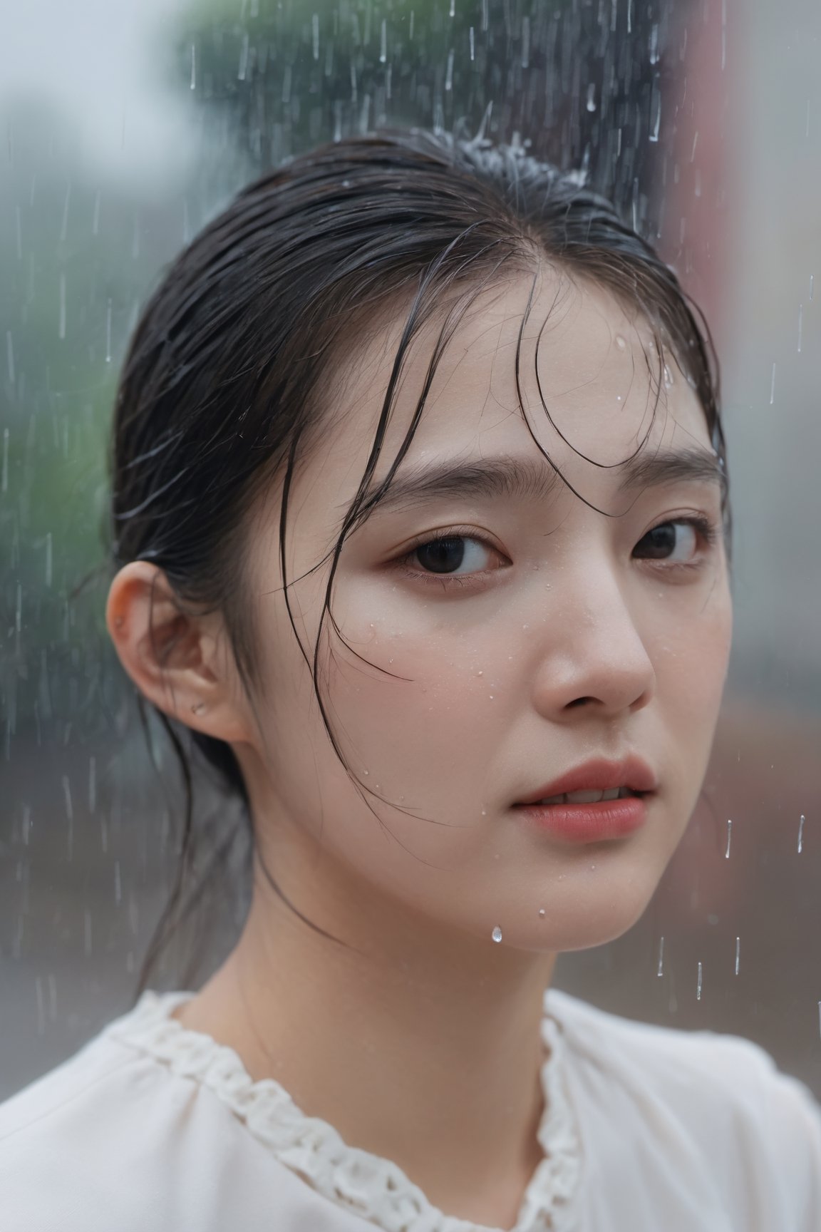 1 girl, xxmixgirl, cry, tear, (wet white dress), feeling sad, stands in the rain, see through, her tears mingling with the falling raindrops, masterpiece , best quality, detailed, Highest quality, portrait,FilmGirl,korean girl,make_3d