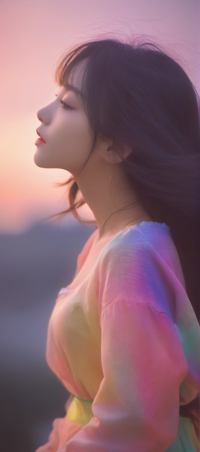 Fantasy, dream, fantasy, hope, beauty, soft clothes, wind, super cool, silhouette, girl, colorful colors,SAM YANG,Side view,Potrait of a girl ,cutegirlmix