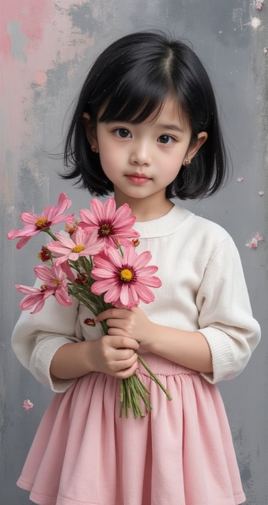 Create a little girl with glitter acrylic paints. Cute and lovely with shy expression, black hair, holding a bunch of cosmos flowers in her hand, wearing a white blouse and miniskirt, background gray and pink, contrasting color texture, polka dots and small flowers.