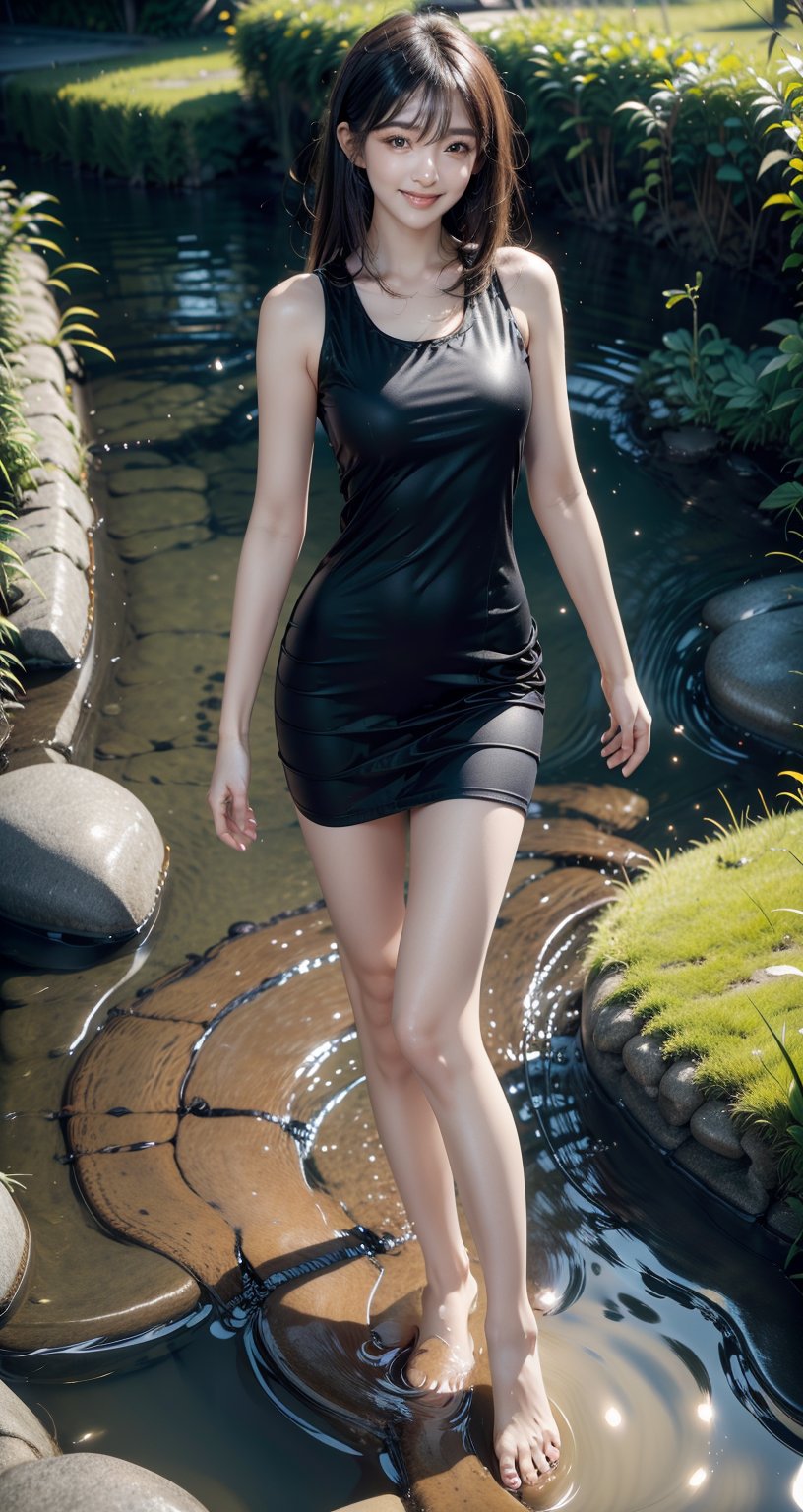 Image, top quality, masterpiece, ultra high definition, natural proportions, ultra high definition, realistic and vivid colors, detailed UHD drawing, perfect composition, 8k, texture, breathtaking beauty, bright smile, pure perfection, unforgettable emotions. , female 1, Korean, A girl in a one-piece dress is crossing a stone stepping stone in a wide stream like a river,