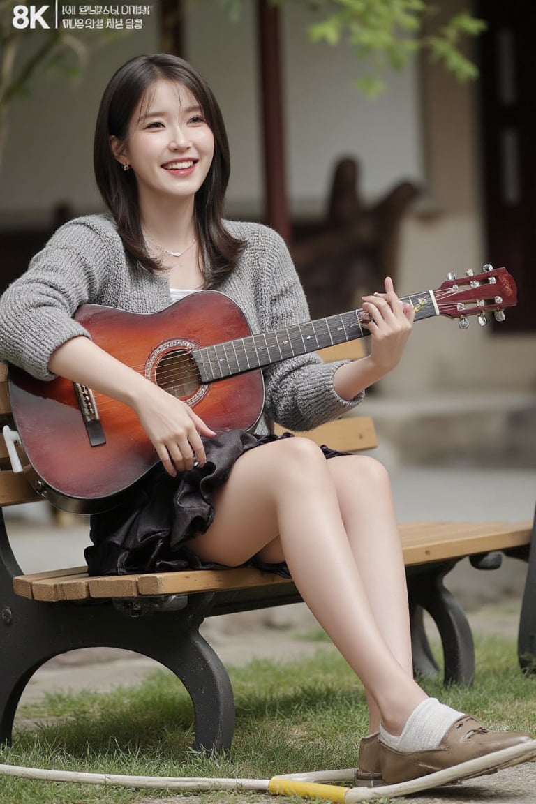 Happy Korean girl sitting on a bench in the yard of a Hanok,  playing an acoustic guitar and singing,  wearing a skirt ove...