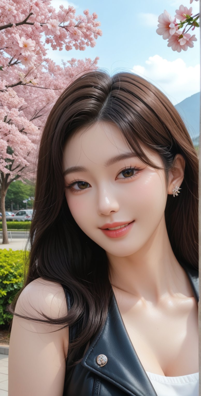 A beautiful and vivid portrait of a woman. She is wearing a neat and tidy outfit and shows off her beauty with a nice pose, her smiling lips are sexy. Her hair is brown and the background is a park with a nice mountain view. The whole piece is beautiful and has a four-dimensional feeling with super high definition. Korean,