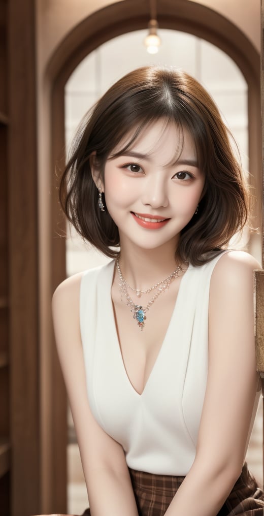 Image, (Full Body), Best Quality, Masterpiece, Ultra HD, (Cute Face), (Perfect Brown Eyes), Korean, Surreal Illustration, Natural Proportions, Ultra HD, Realistic and Vivid Colors, Highly Detailed UHD Drawing, Perfectly Composed, 8k, Texture, Breathtaking Beauty, Radiant Smile, Pure Perfection, Unforgettable Emotions, Medium Burst, Real Necklace, Female Portrait, Skirt, Suit,