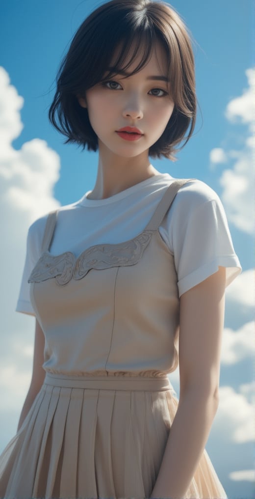 A beautiful and vivid portrait of a woman. She is wearing a short vest with an embroidered collar T-shirt on top and a ple...