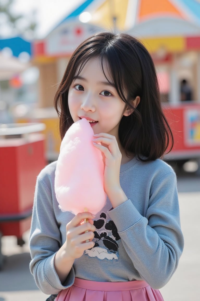 Happy Korean girl taking a bite of cotton candy at an amusement park,  8K resolution,  realistic appearance and details by...