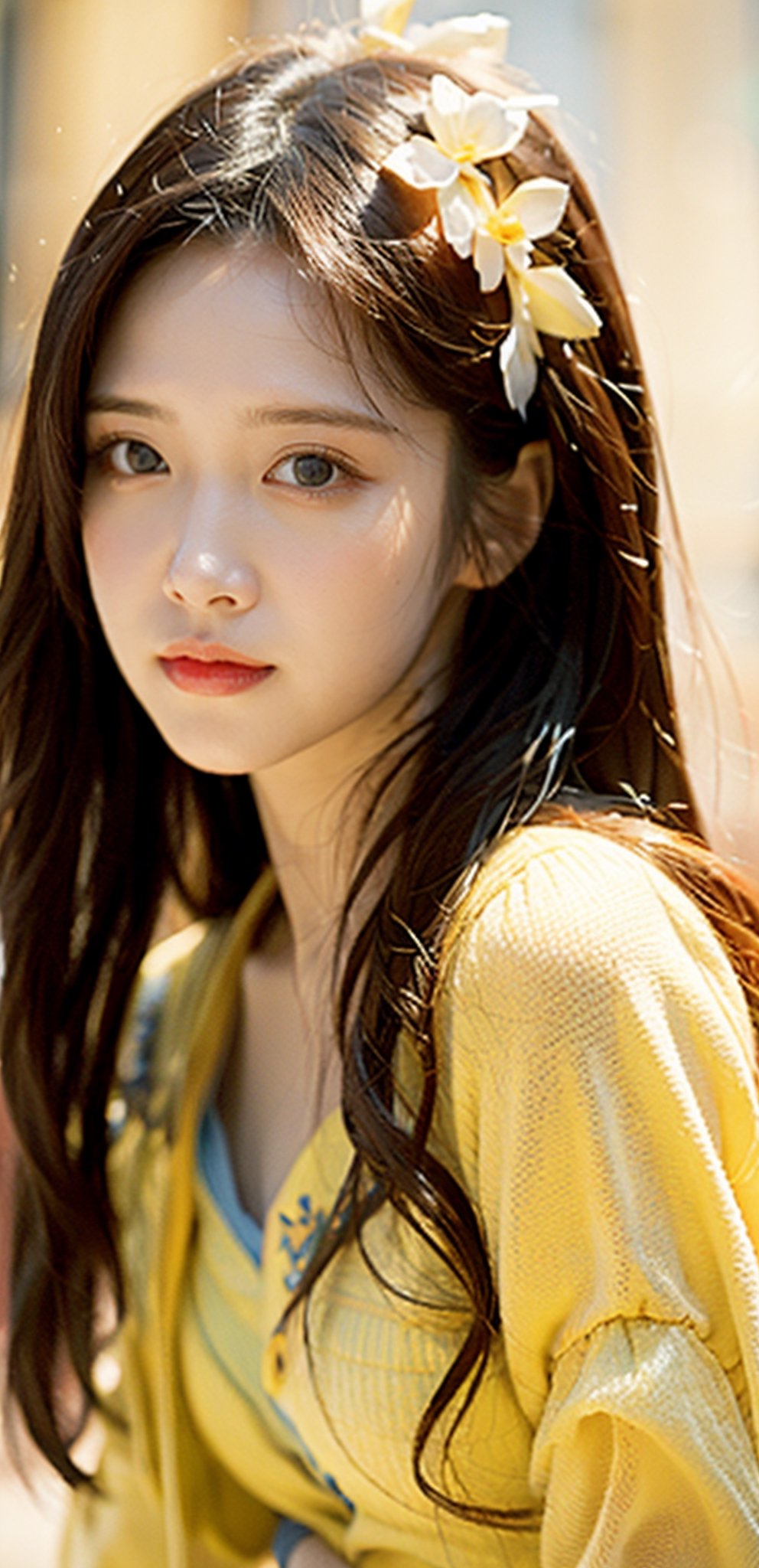 Realistic portrait, masterpiece, 18k, (vivid colors: 1.4), high resolution, highest quality, Korean, height 170 cm, long black hair, pale skin, (perfect face), beautiful sparkling eyes, detailed background, masterpiece, golden ratio, epic, highly detailed scenery, (bright and detailed face), (high resolution), professional, high quality, beautiful, realistic and detailed background, frontal shot, half body shot, skirt, shoes, blouse, girl with wreath on head,1 girl