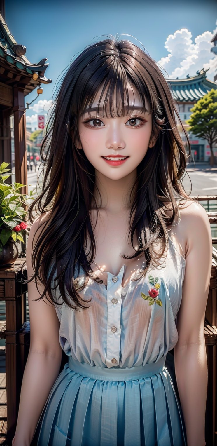 Image, highest quality, masterpiece, ultra-high definition, surreal illustration, natural proportions, Ultra HD, realistic and vivid colors, detailed UHD drawing, perfect composition, 8k, texture, breathtaking beauty, bright smile, pure perfection, unforgettable moved. , woman 1, fashion, pose, collar point embroidered blouse, skirt, Korean,