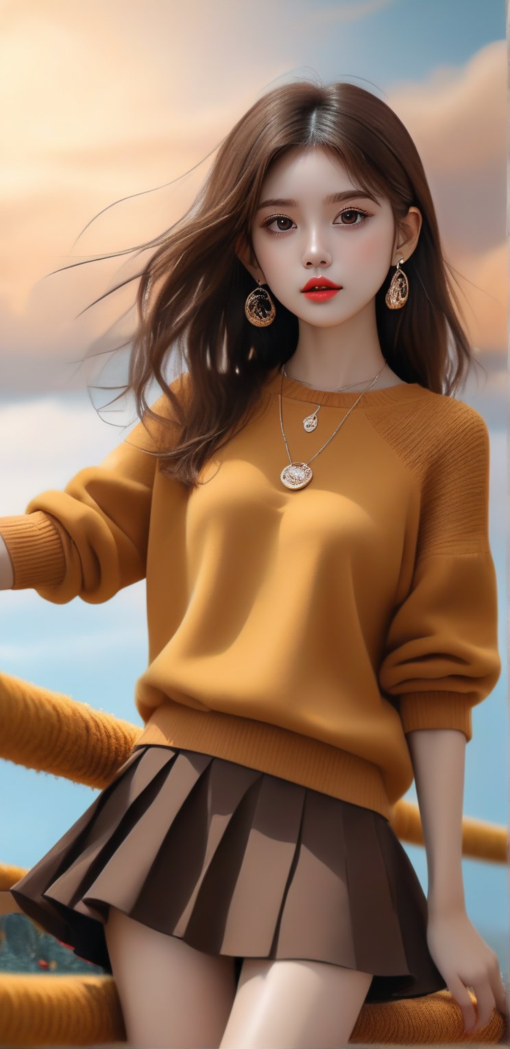 Image, (full body), top quality, masterpiece, ultra high definition, (cute face), (perfect brown eyes), surreal illustration, natural proportions, ultra high definition, realistic and vivid colors, highly detailed UHD drawing, perfectly composed, 8k, texture, breathtaking beauty, pure perfection, unforgettable emotions, medium burst, thread necklace, skirt, female portrait, knitted,