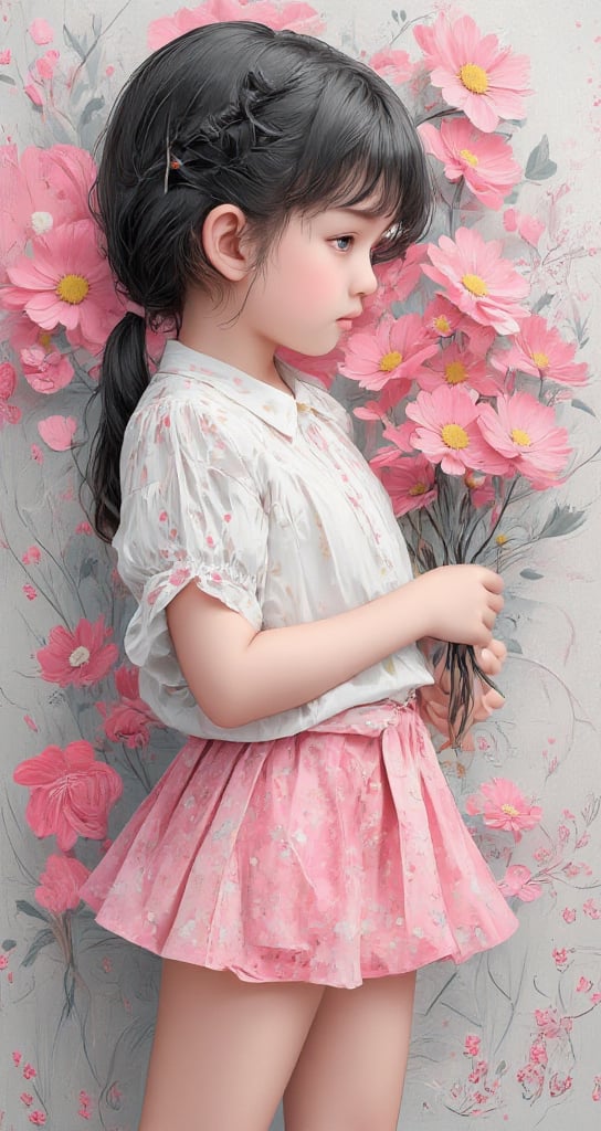 Create a little girl with glitter acrylic paints. Cute and lovely with shy expression,  black hair,  holding a bunch of co...