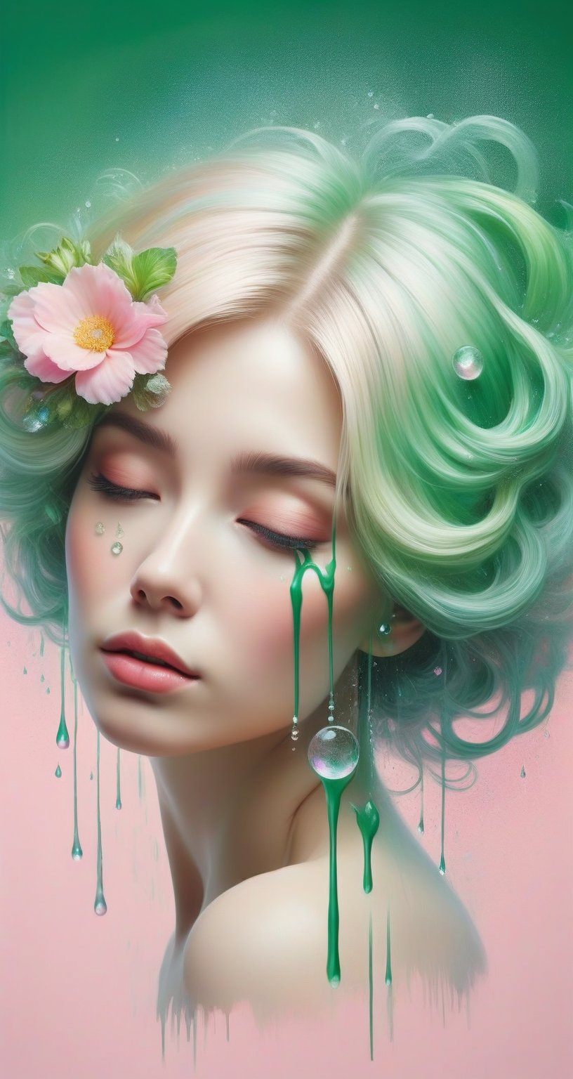 Painted in gorgeous colors, the blonde woman's hair becomes silvery and falls away from her head, and the large and small drops create a large circle. There is a small flower on her head. The abstract pink background and fantastic green color gradient add a sense of mystery, and the heavy, unstructured, thick brushstrokes beautifully express the woman's portrait.