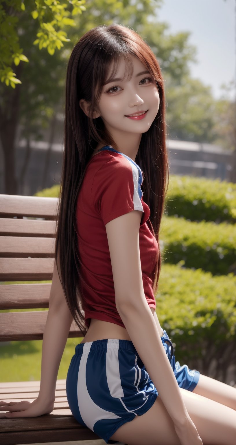 Image, top quality, masterpiece, ultra high definition, natural proportions, ultra high definition, realistic and vivid colors, detailed UHD drawing, perfect composition, 8k, texture, breathtaking beauty, bright smile, pure perfection, unforgettable emotions. , female 1, Korean, girl in red striped t-shirt sitting on park bench and looking at sky, shorts,