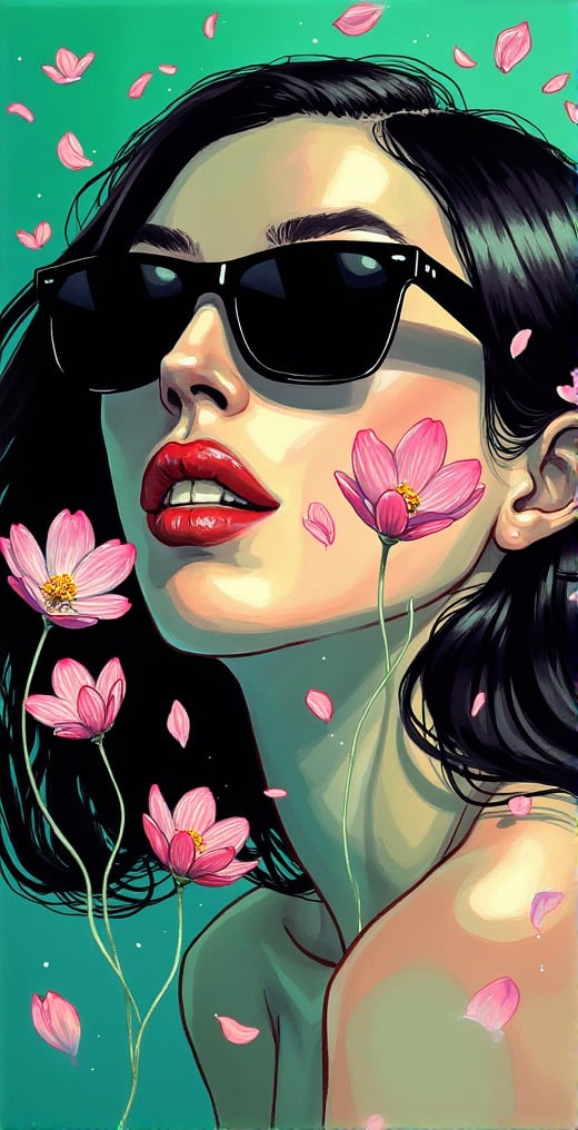 A vivid and lifelike portrait of a woman. She is wearing black sunglasses that cover her eyes, and her lips are sexy with red lipstick. She has black hair, the background is covered with green and blue gradients, and cosmos flowers and petals are floating in the air, and the whole work has a beautiful three-dimensional feeling.